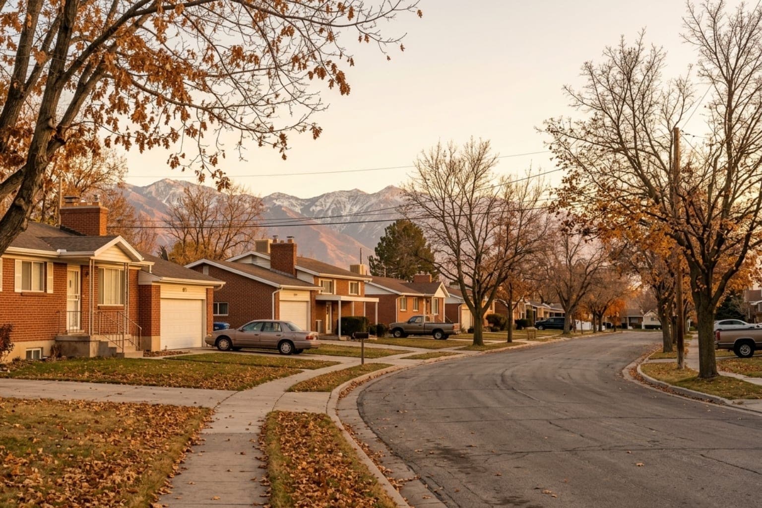 Autumn Utah residential street reflecting the Herriman community pre-winter furnace install season
