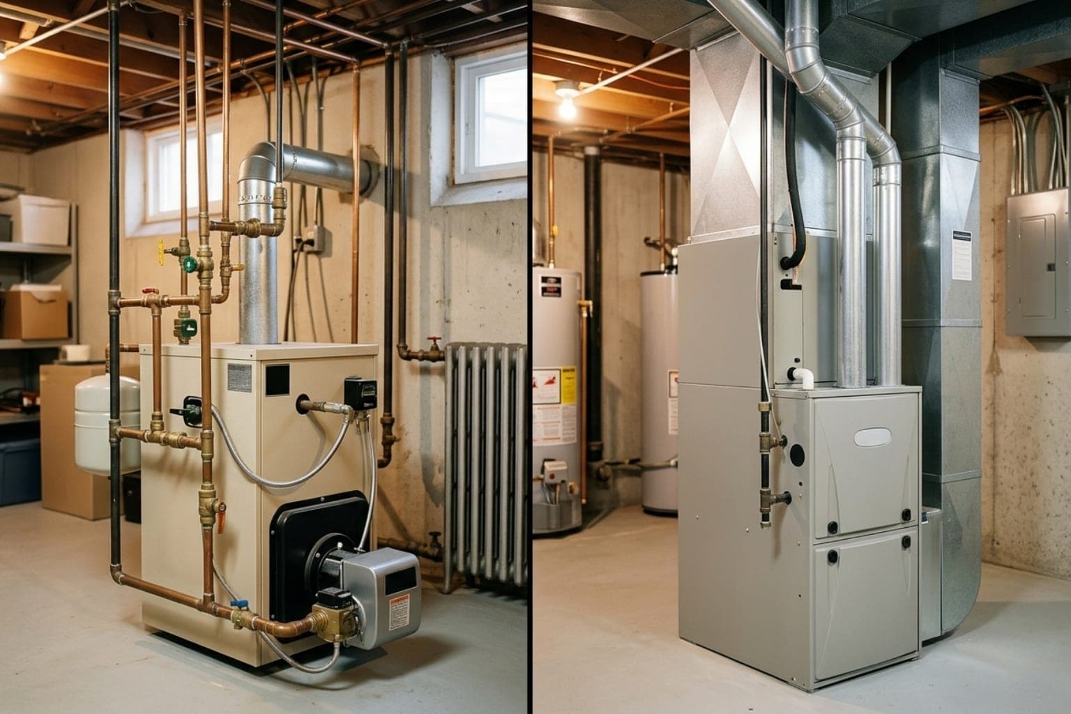 Side-by-side look at an older basement boiler with radiator piping and a newer high-efficiency furnace