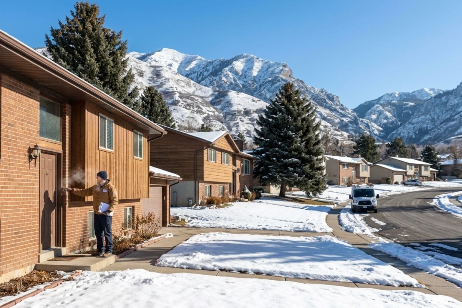 Bountiful, Utah foothill neighborhood with mature pines and a heating service van parked at a hillside home above 400 North
