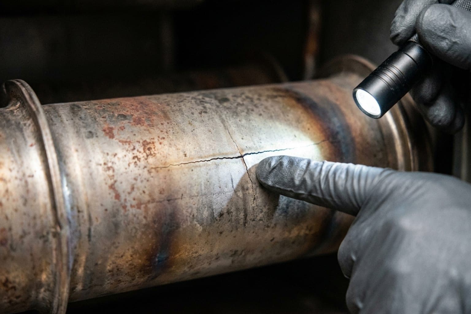 Bountiful, Utah gas furnace heat exchanger inspection using a flashlight to identify a dangerous crack