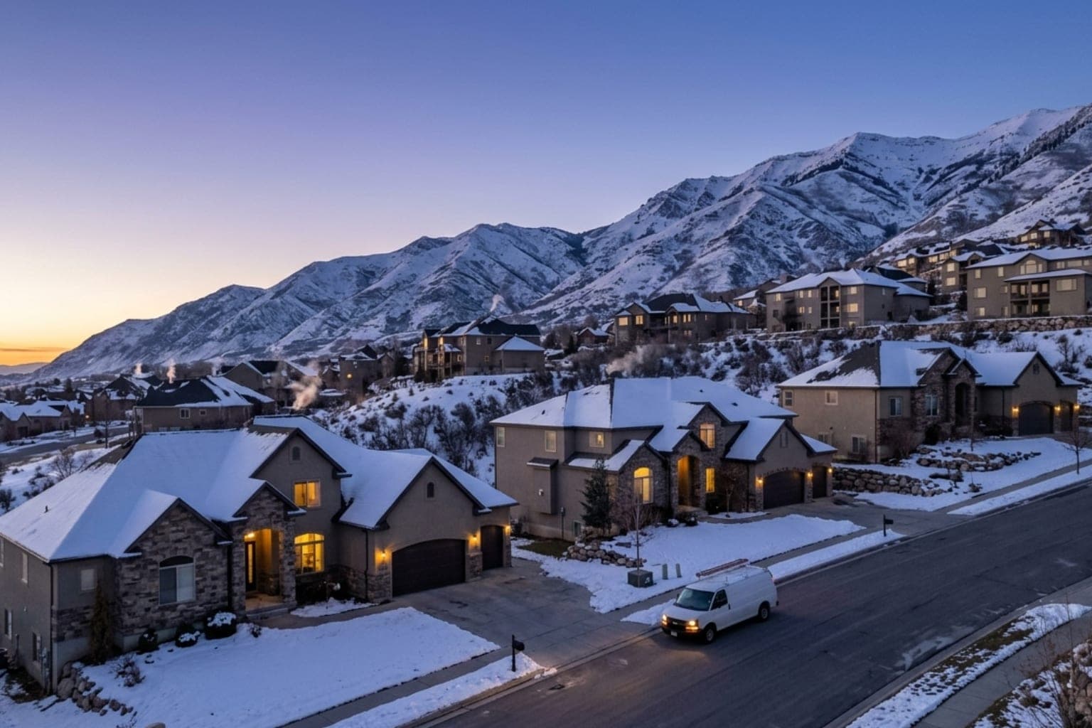 Hillside homes in the SunCrest community of Draper, Utah lit at dusk on Traverse Ridge, roughly 1,500 feet above the valley floor
