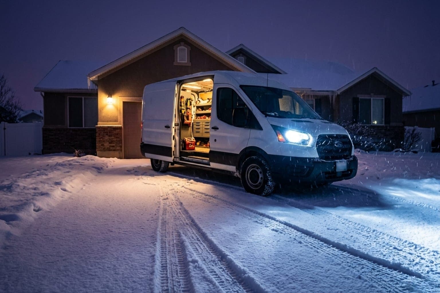 Riverton, Utah emergency heating service van arriving at a home after dark for a no-heat furnace call