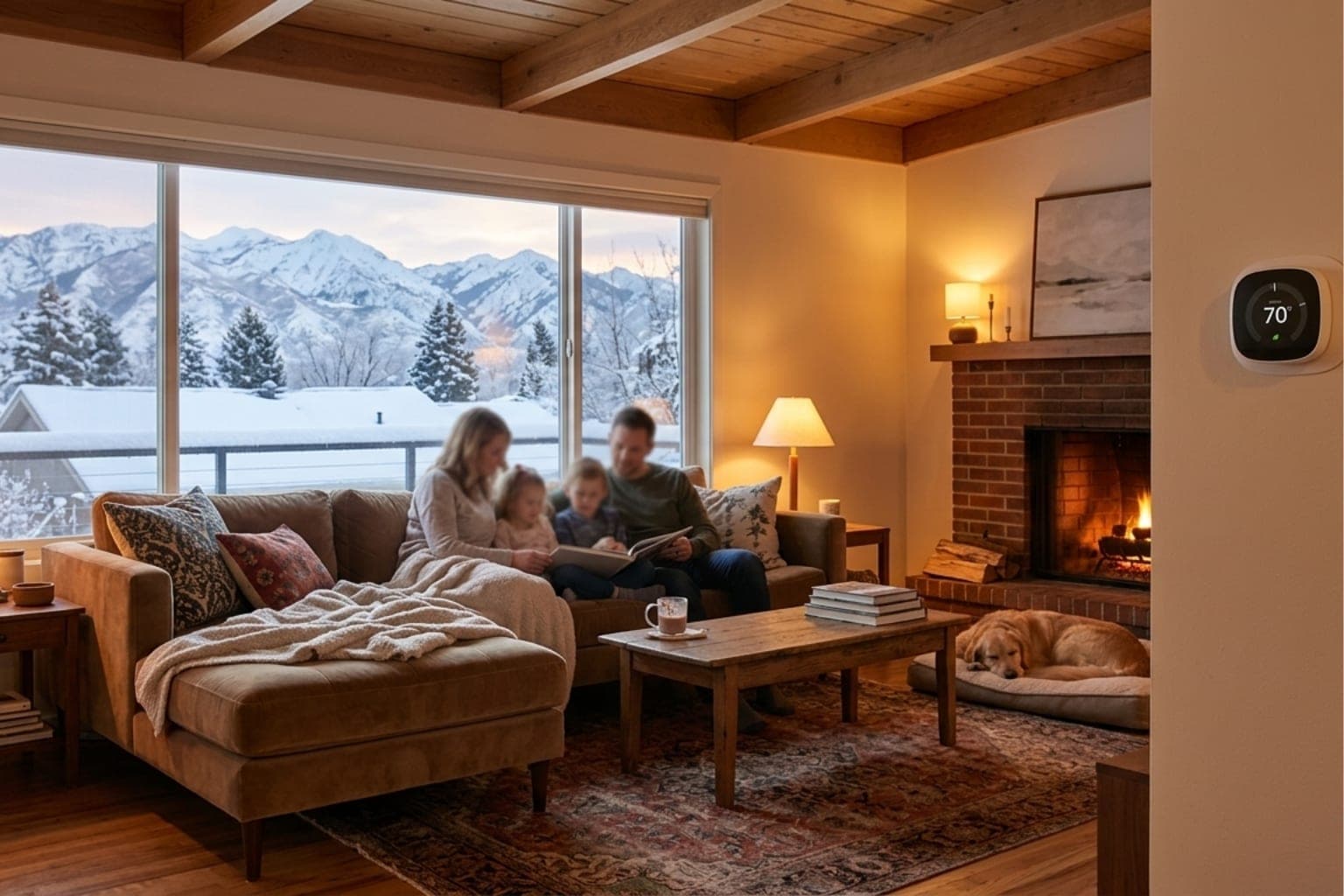 Bountiful, Utah homeowners enjoying steady warmth from a newly installed furnace in a mountain-view living room