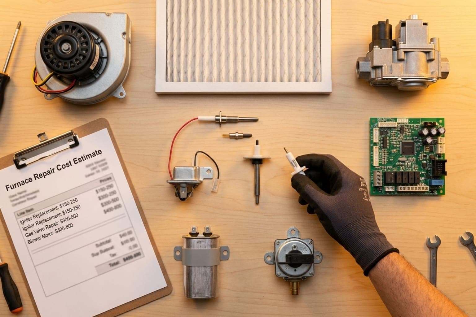Flat lay of replacement furnace parts next to a printed residential furnace repair cost estimate