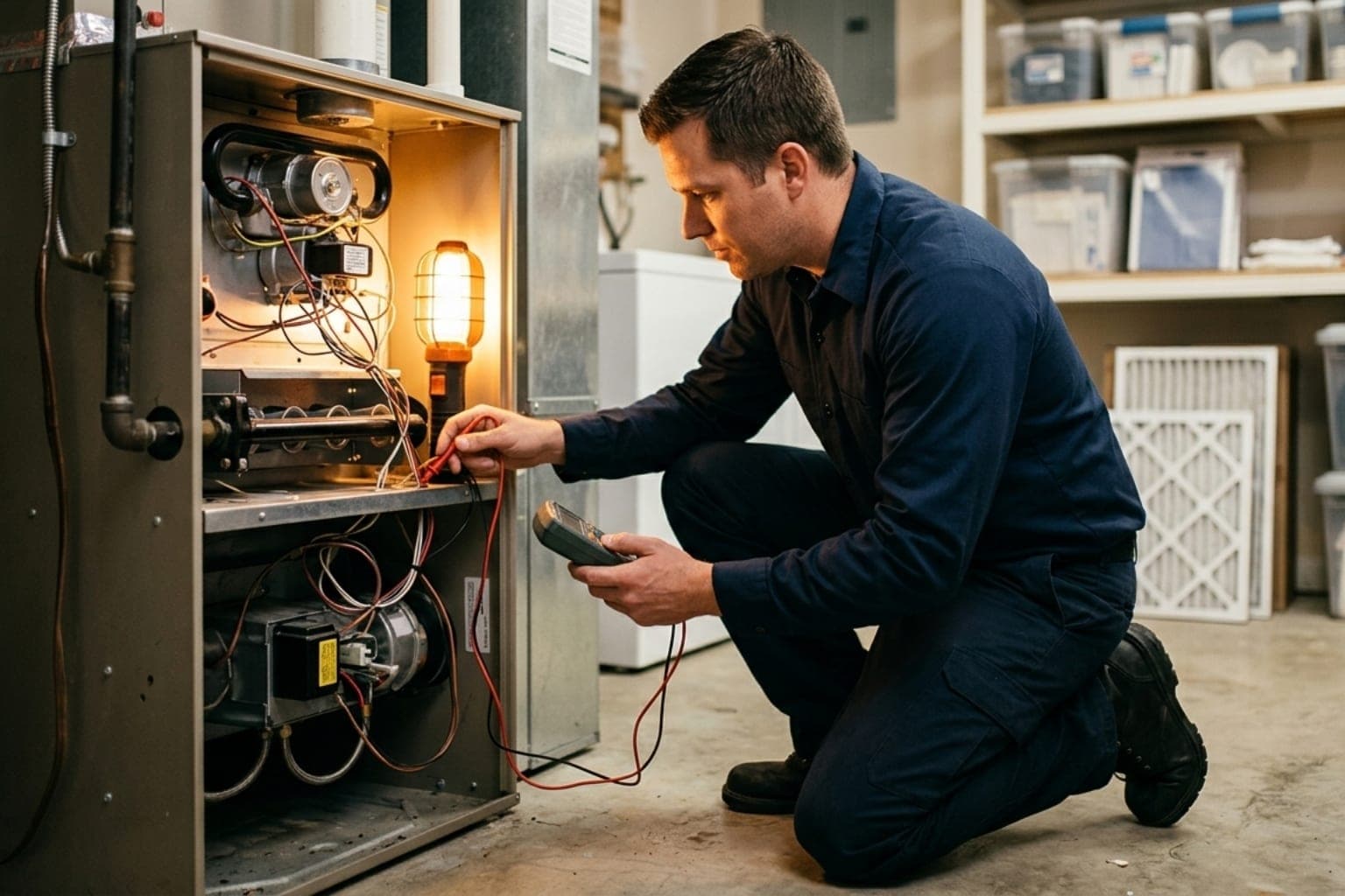 HVAC technician crouched beside an open residential furnace running diagnostic tests with a work light