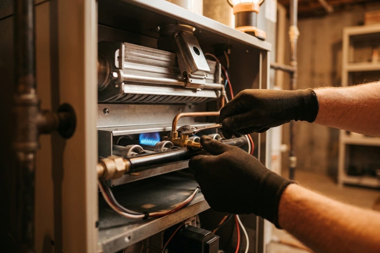 Draper, Utah technician inspecting the gas burner and manifold inside a residential furnace
