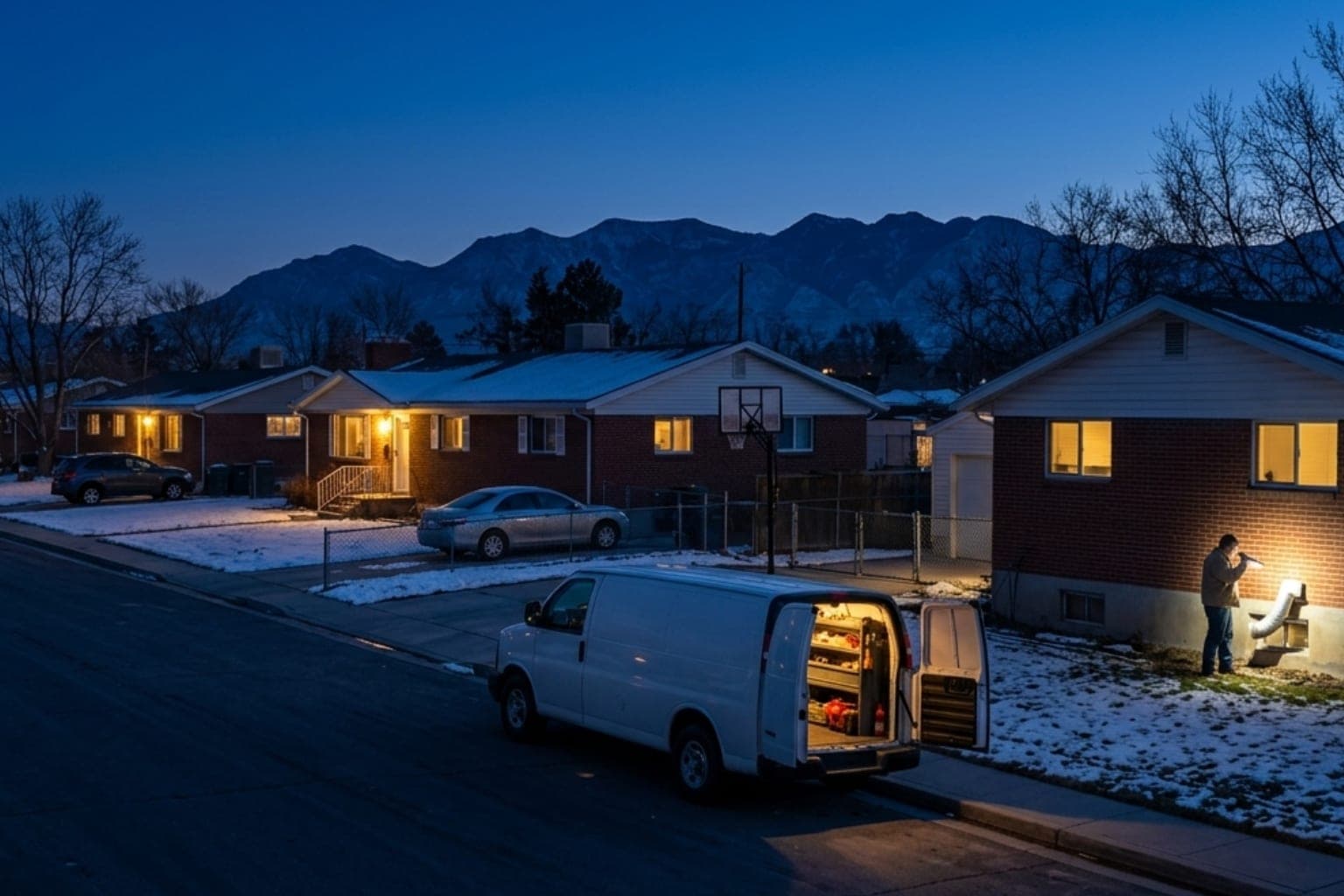 Herriman, Utah residential street at night with lit two-story homes and a heating service van on call, in a neighborhood built within the last decade