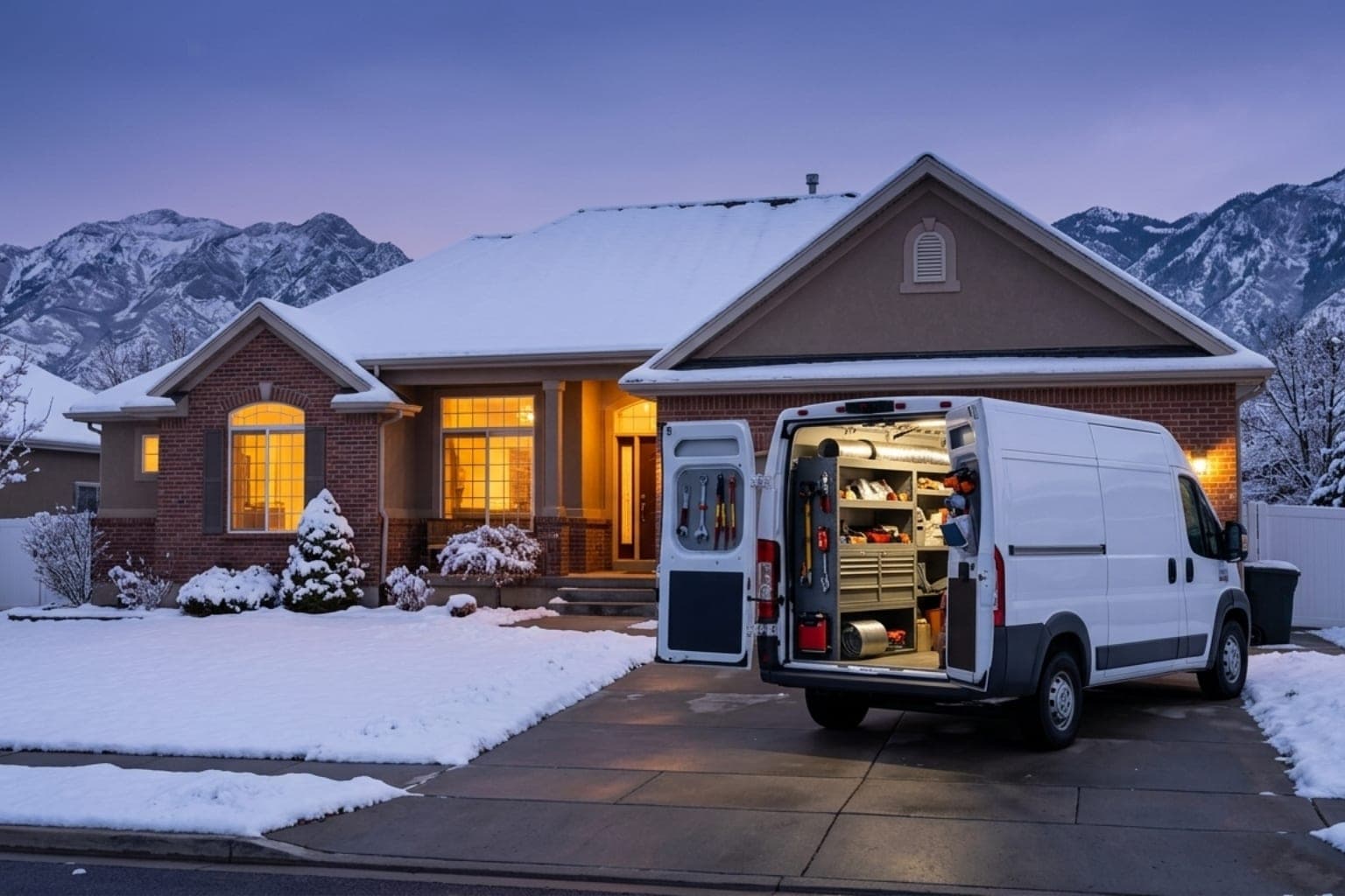 Heat pump service technician arriving in a company van at a snow-covered Utah home during a repair call