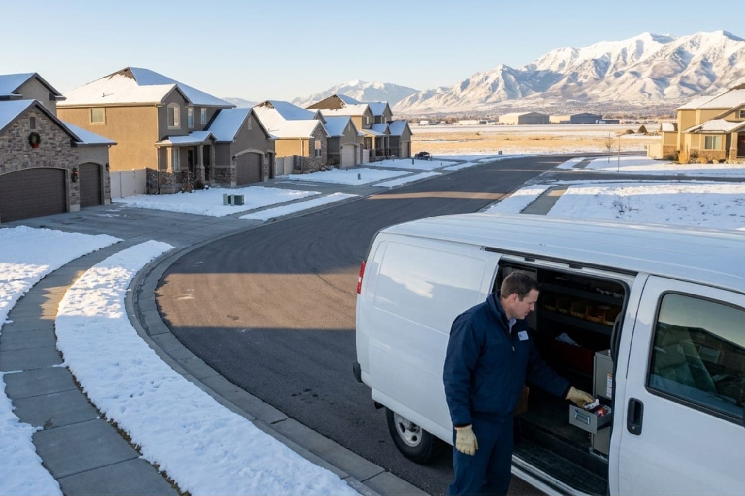 Curved winter street of newer homes in Layton, Utah with the snow-covered Wasatch Mountains behind, near the east bench below Adams Canyon