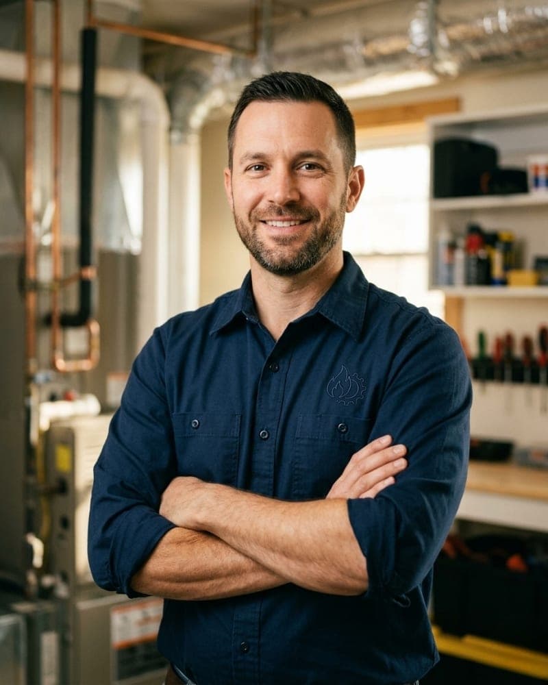 Portrait of a licensed Utah HVAC technician standing in front of a residential furnace in the company shop