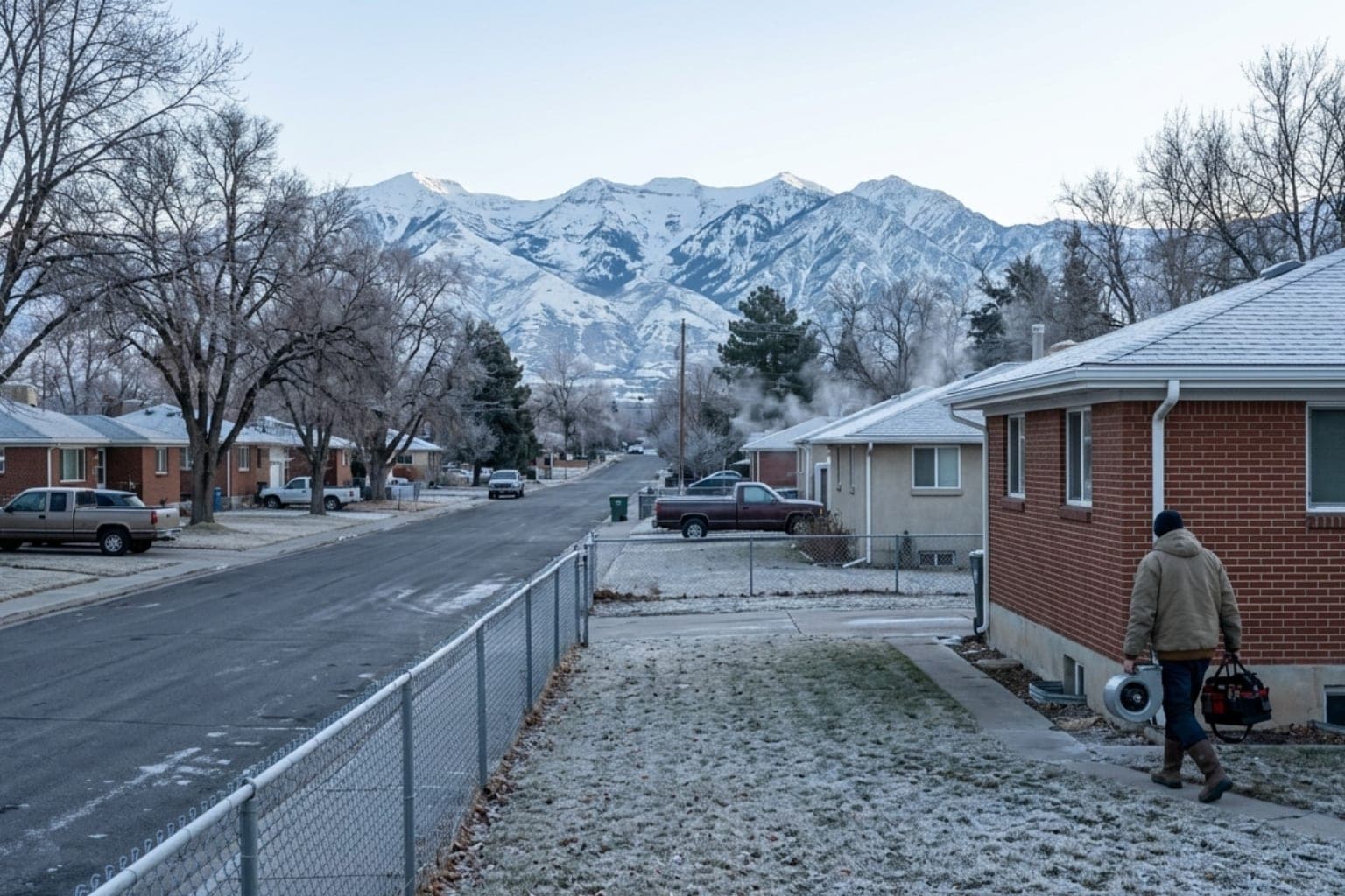 Older Midvale, Utah neighborhood with chain-link fences and the Wasatch Mountains in crisp morning light, part of the mid-century housing near Fort Union