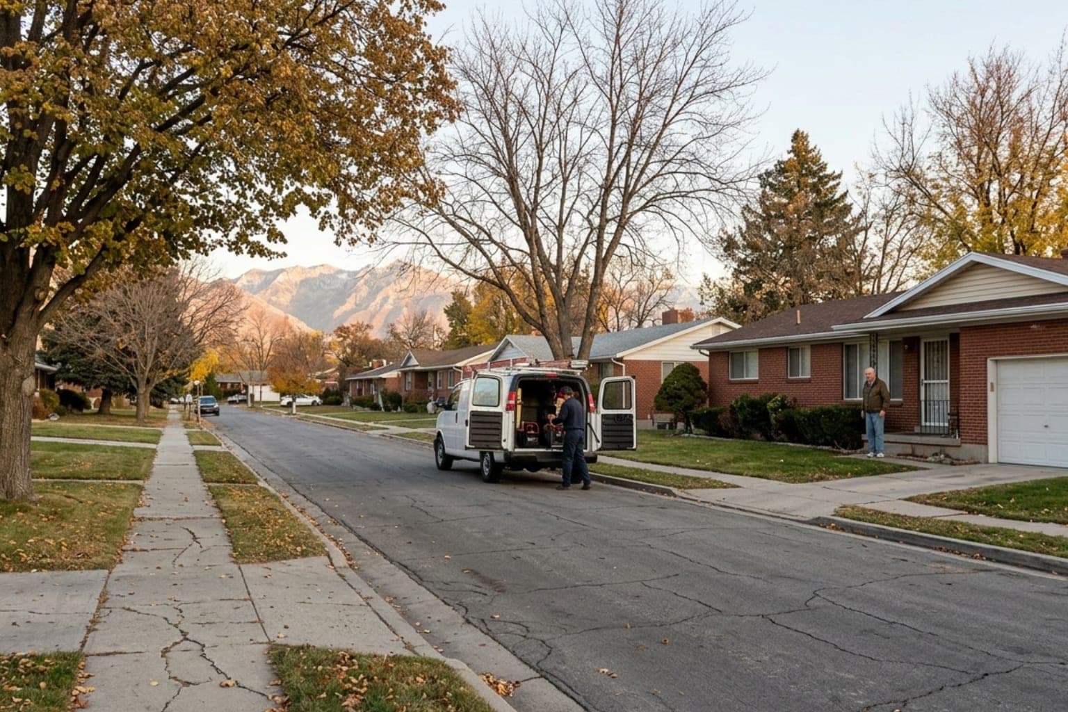 Mature tree-lined street of brick ranch homes in Murray, Utah with a heating service van parked at the curb, a few blocks from the Utah Furnace Repair office on Vine Street