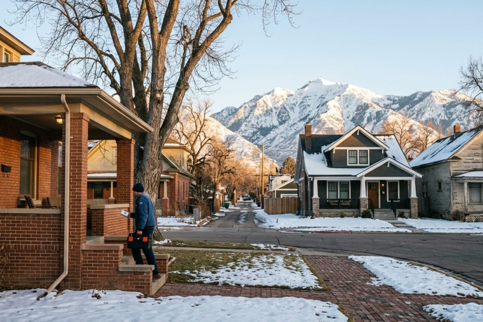 Historic red-brick homes along a sunrise-lit street in downtown Ogden, Utah with the Wasatch Mountains behind, where boilers and radiators are still common