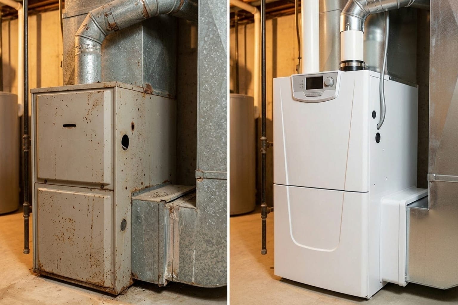 Old and new furnace side by side before a Draper, Utah homeowner's full system replacement