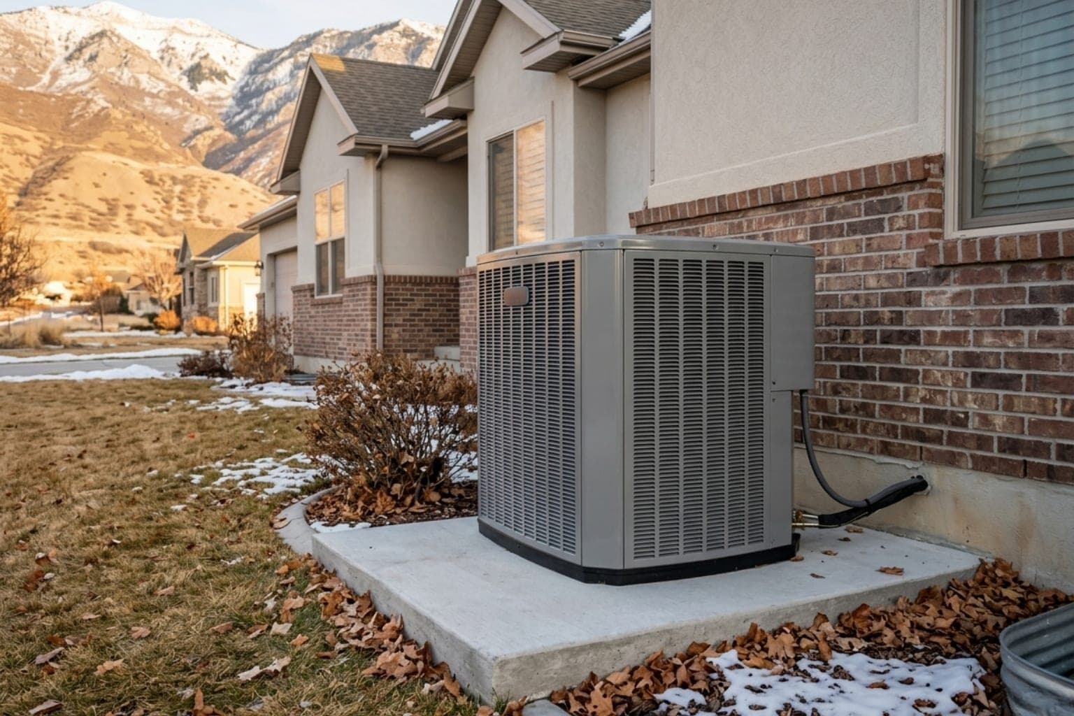 Residential heat pump condenser unit installed outside a brick Utah home with the Wasatch Range behind