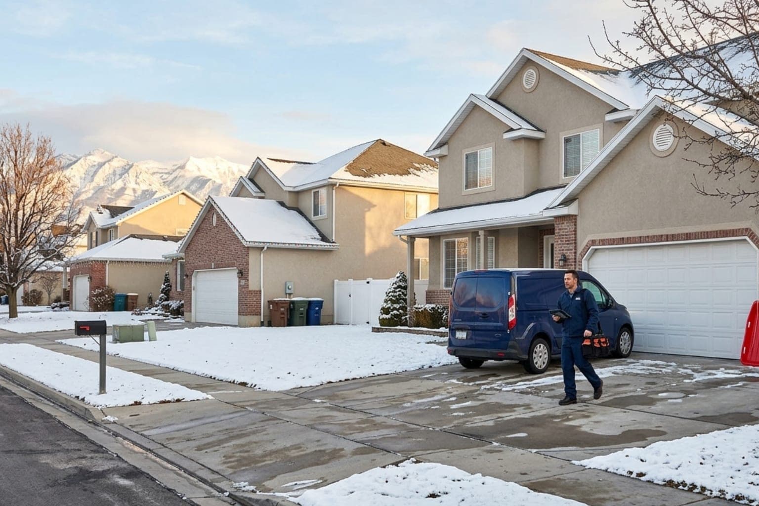 Two-story homes in Riverton, Utah with the Oquirrh Mountains glowing under early winter light, typical of the 2000 to 2015 subdivisions west of Bangerter