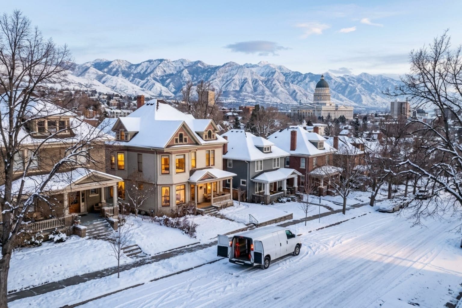 Historic Victorian homes along the Avenues neighborhood in snow-covered Salt Lake City at dusk
