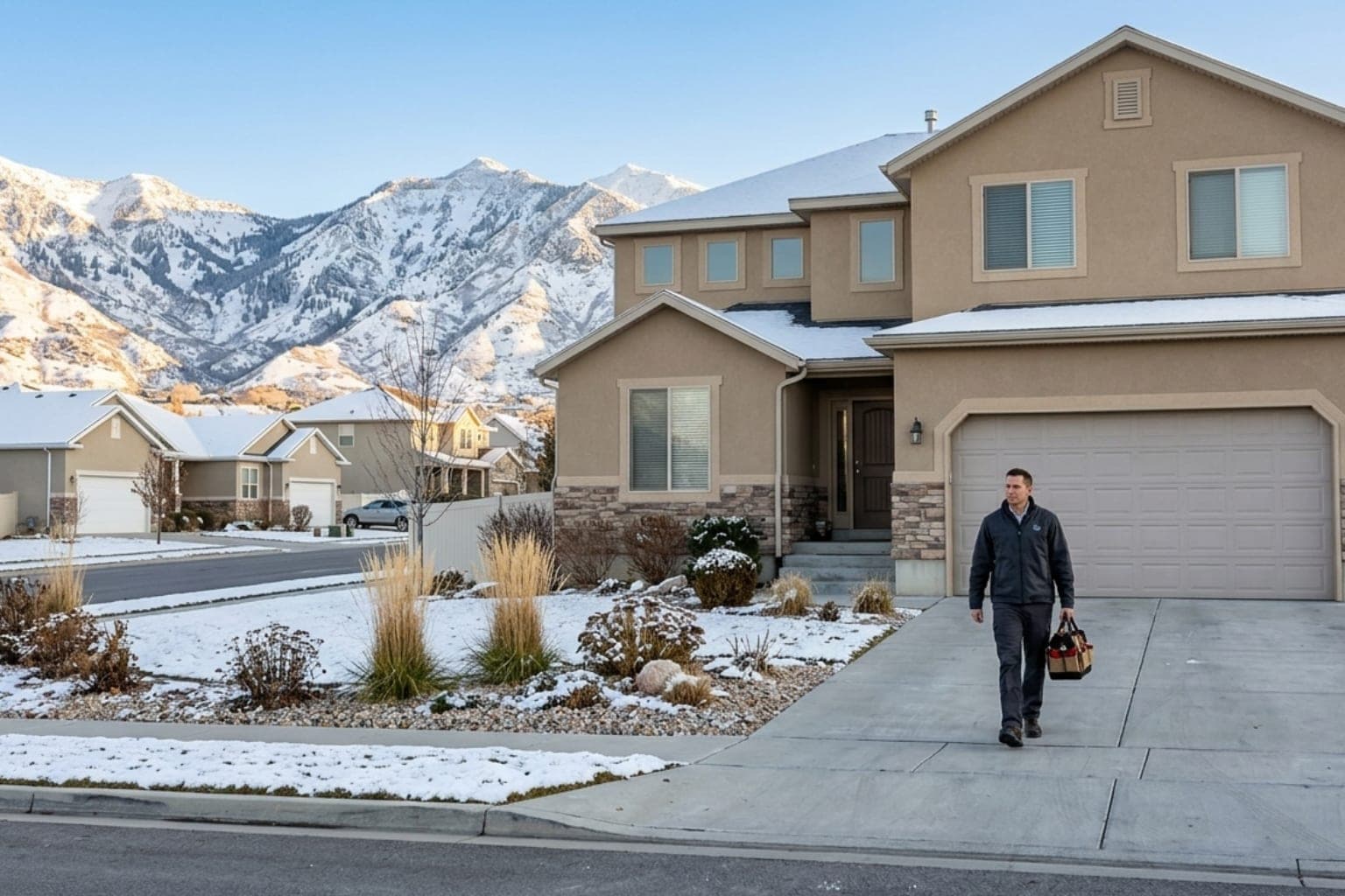 Stucco home in Sandy, Utah below the snow-covered Wasatch foothills at golden hour, typical of the east bench neighborhoods above 5,000 feet