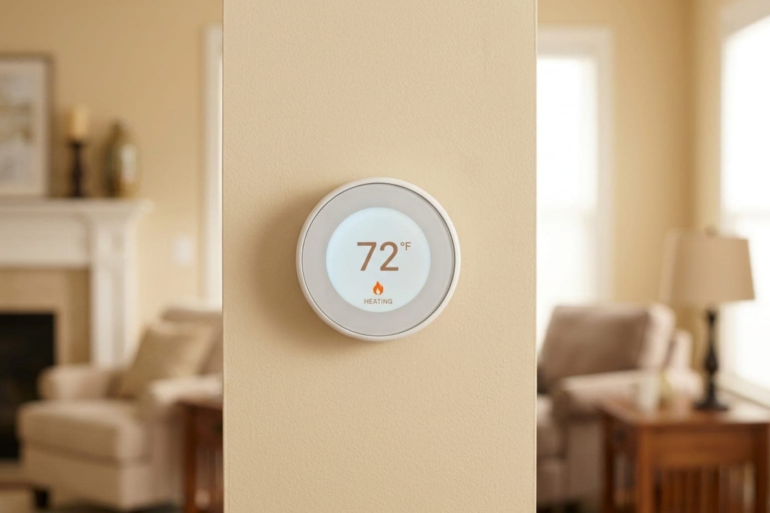 Wall-mounted smart thermostat set to 72 degrees heating inside a newly updated Midvale, Utah home