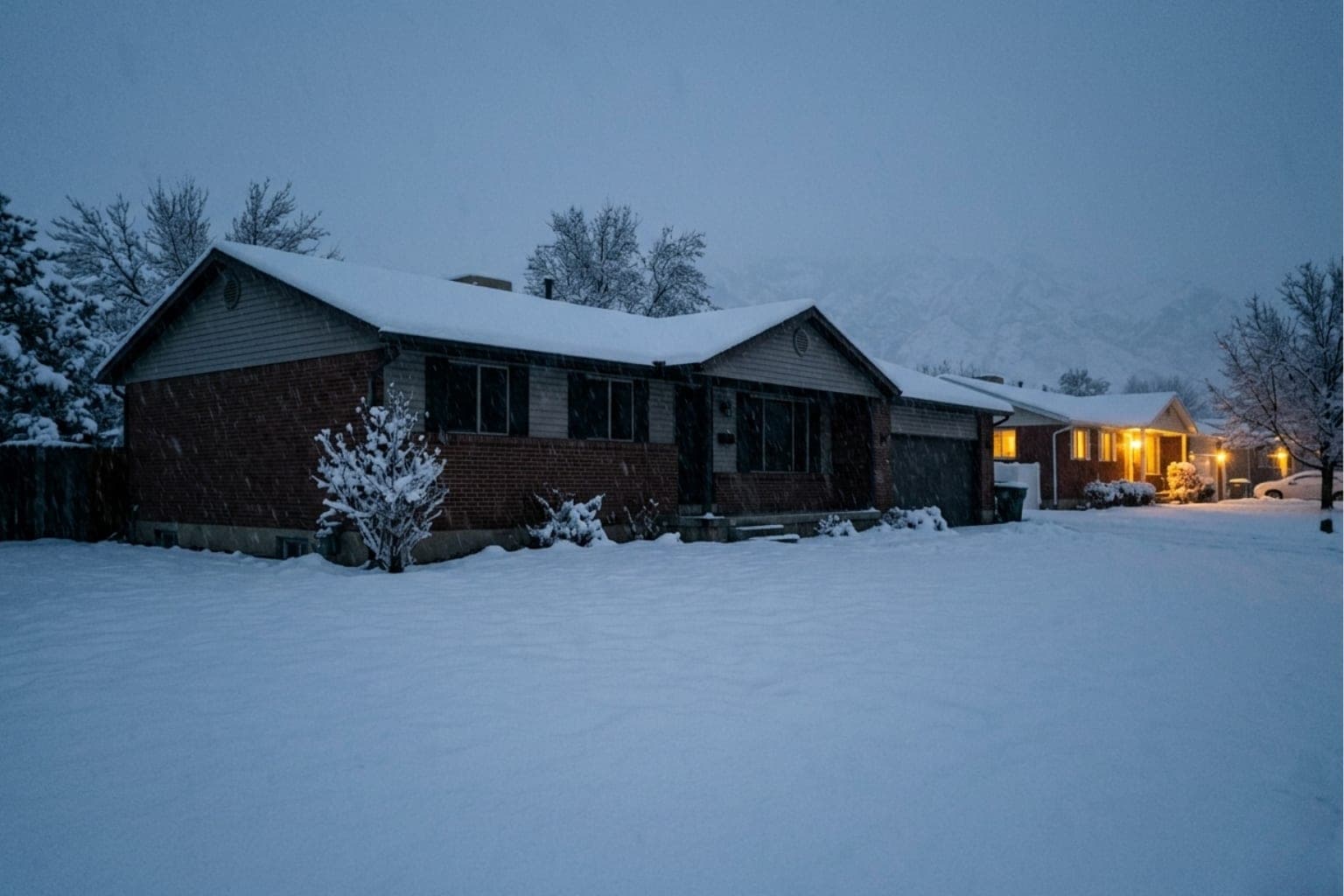 Ranch-style Utah home buried in fresh snow at dusk where an aging furnace is at risk of failing