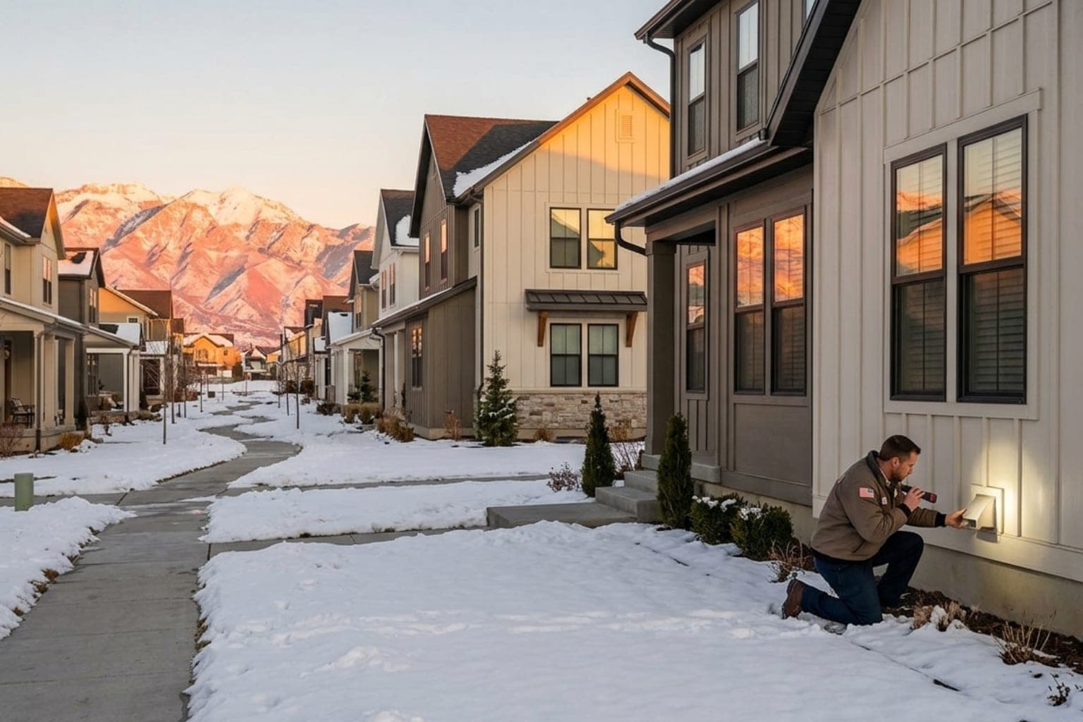 Modern farmhouse-style homes in the Daybreak community of South Jordan, Utah at sunset with snow dusting the sidewalks, part of Utah's largest master-planned development