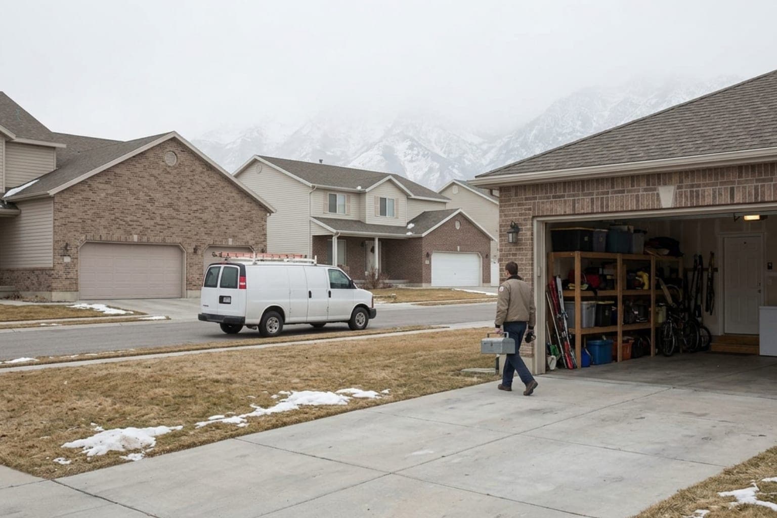 Taylorsville, Utah subdivision homes on a cloudy winter day with a technician walking toward an open garage, typical of the city's 1980s tract housing