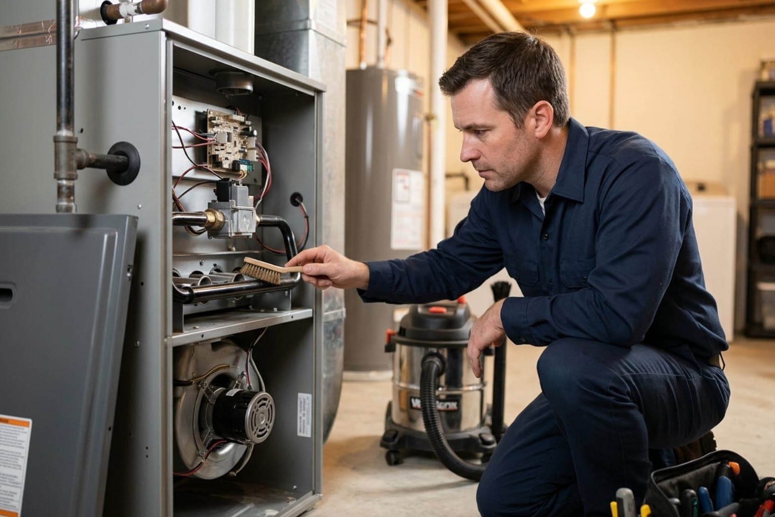 HVAC technician cleaning the burner and blower during a West Jordan, Utah furnace tune-up