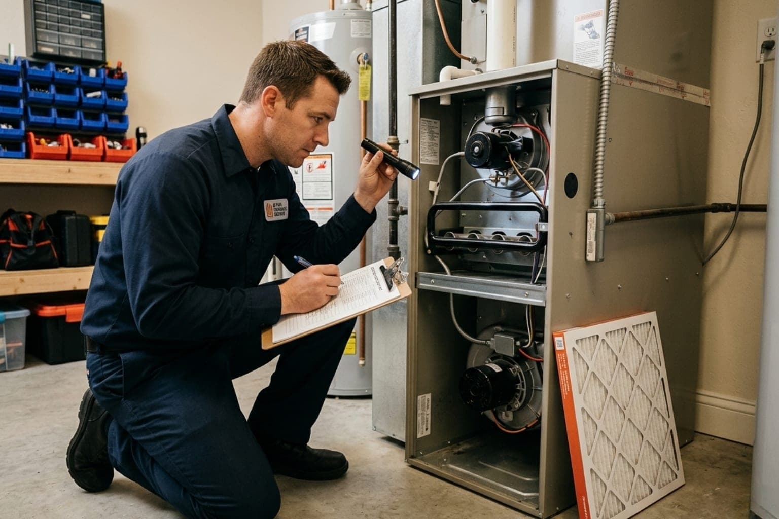 Sandy, Utah HVAC technician performing a 21-point furnace tune-up with a clipboard inspection