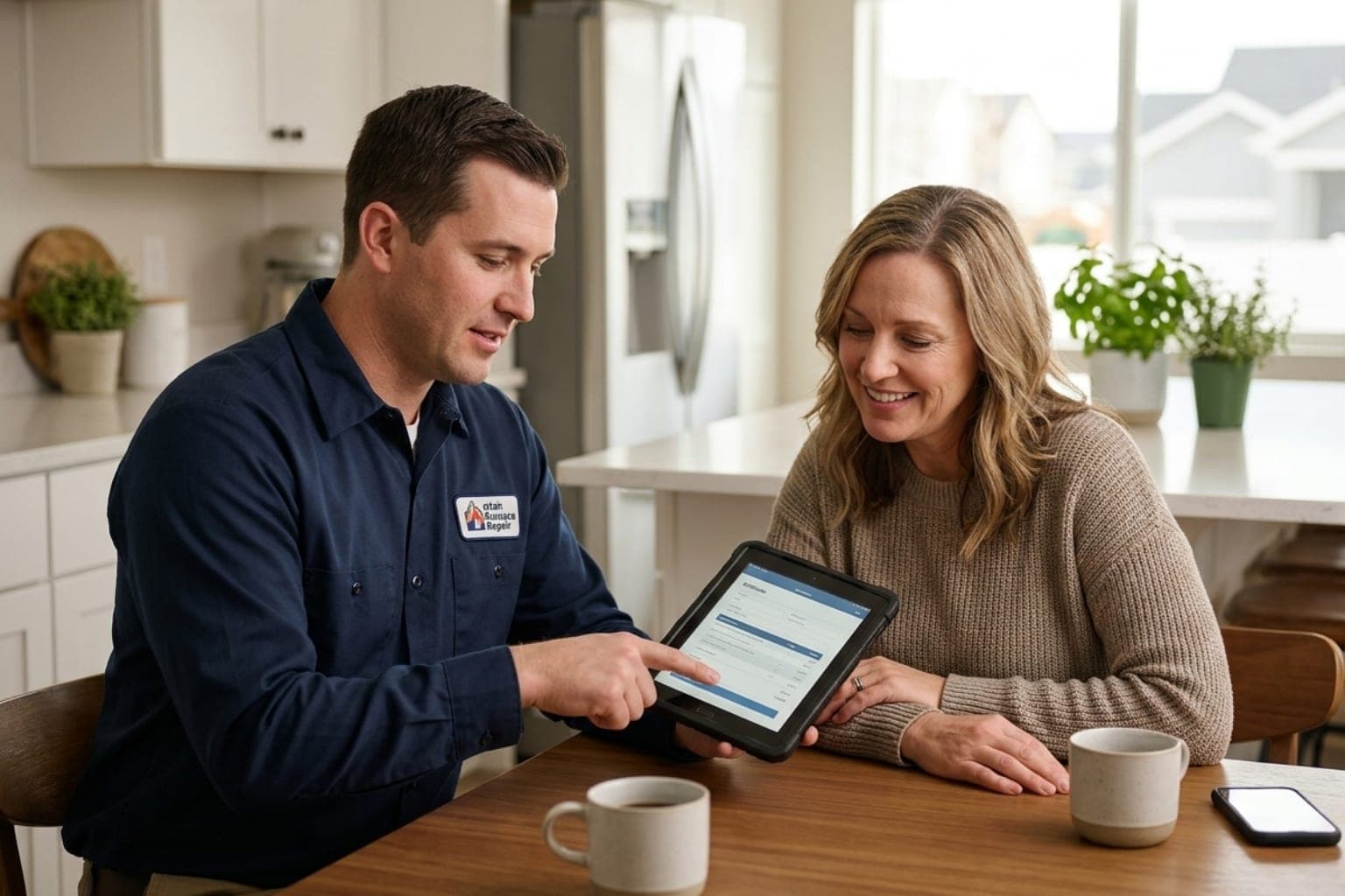 HVAC installer reviewing new furnace options with a Utah homeowner on a tablet at the kitchen table