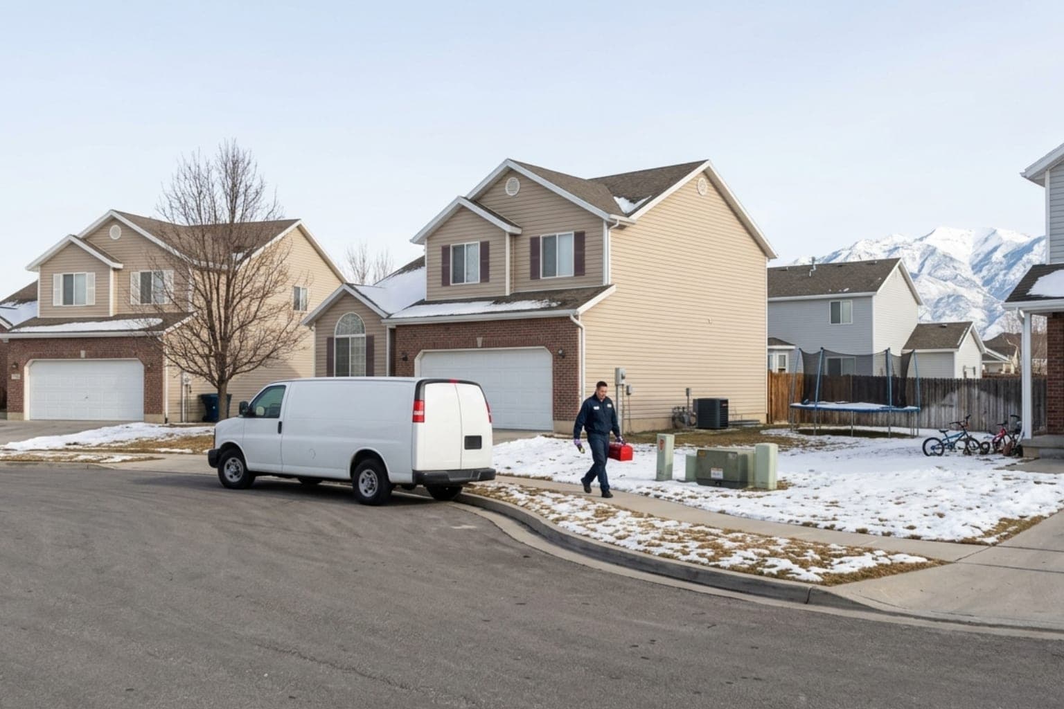 Two-story suburban homes in West Jordan, Utah on a winter day with the Oquirrh Mountains behind, typical of the 1990s and newer western subdivisions