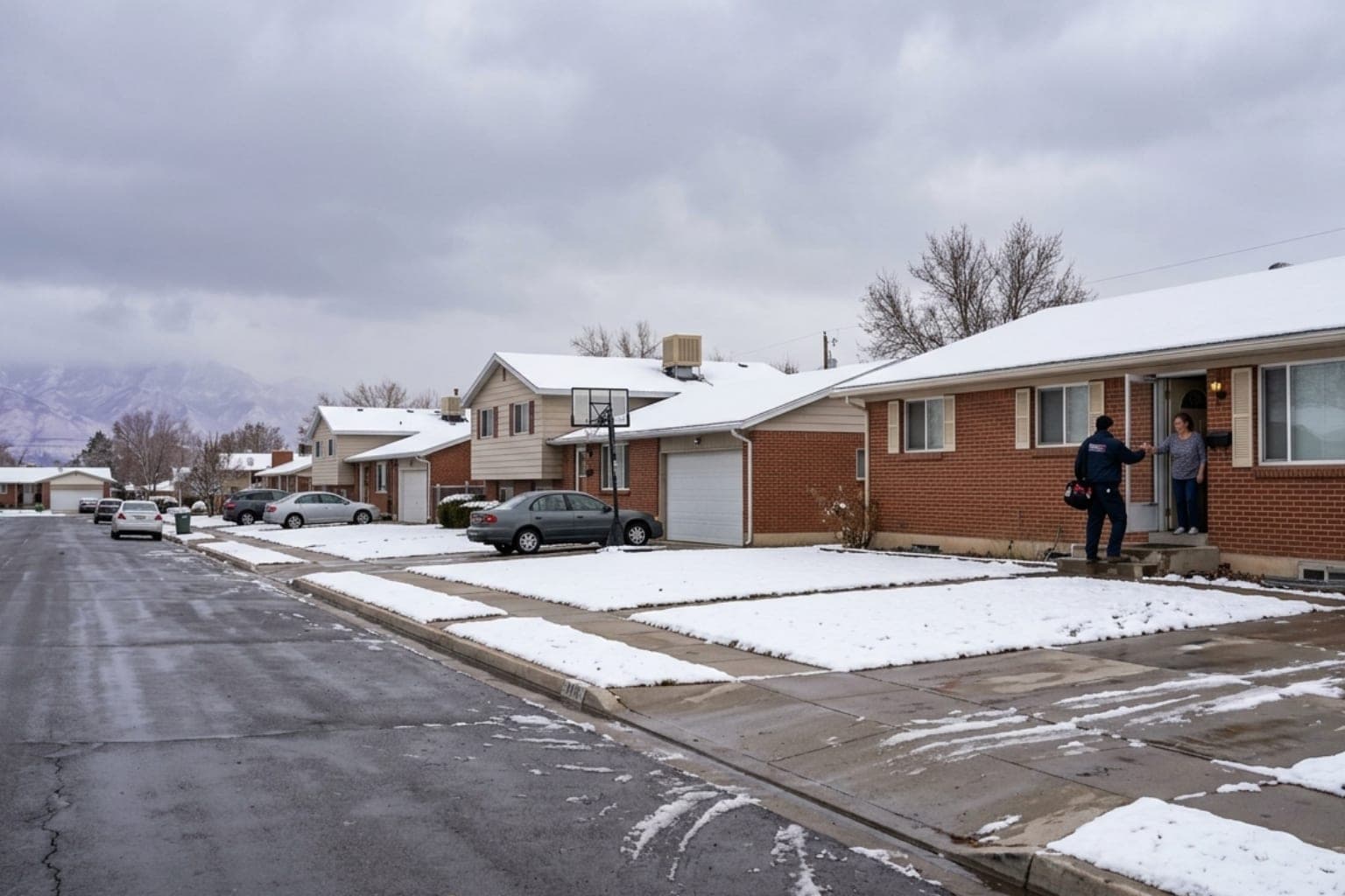 Rows of mid-century brick ranch homes on a cloudy winter day in West Valley City, Utah