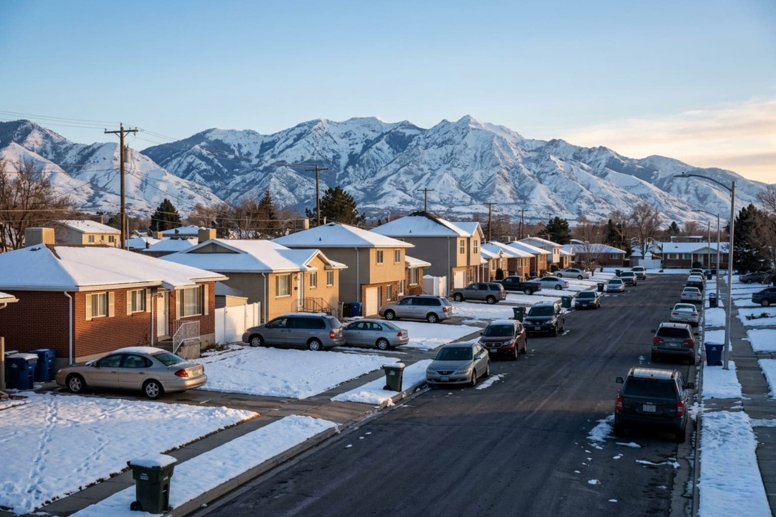 Winter street of older Utah suburban homes with the Wasatch mountains glowing in the distance